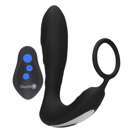 Black electro sex stimulation butt plug and cock ring from shots toys, close-up