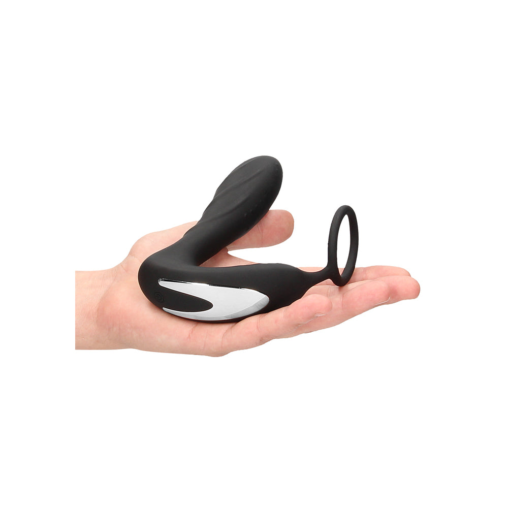 Black silicone ouch e-stimulation butt plug and cock ring set for electro sex play.