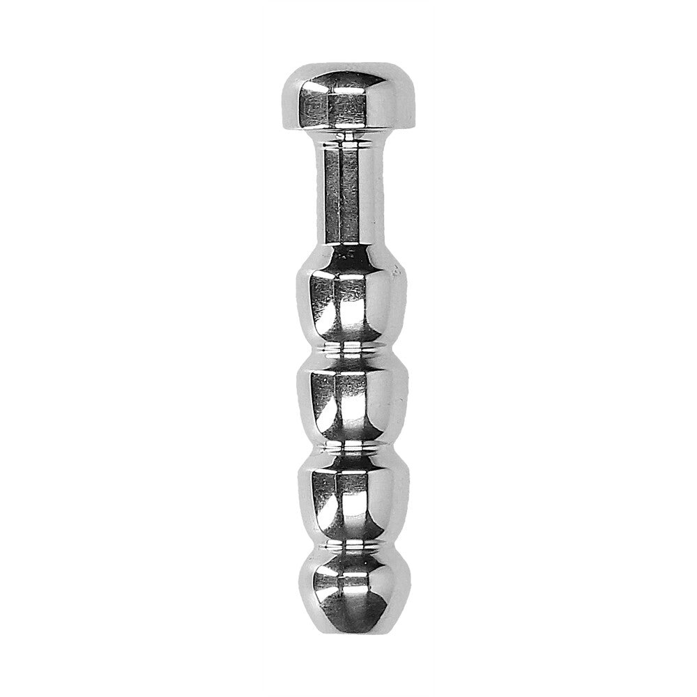 Stainless steel ridged urethral plug from shots toys, a medical instrument.