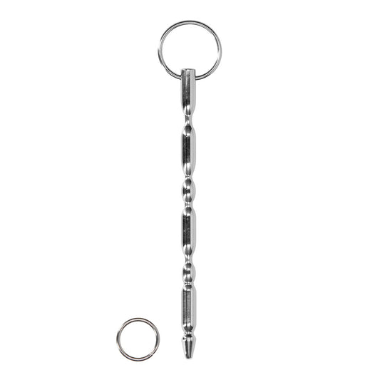 Shiny stainless steel 'ouch' urethral dilator with ring, a medical instrument by Shots Toys.