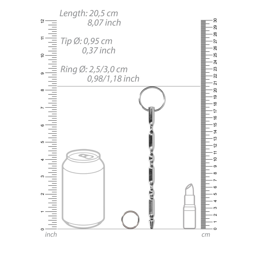Shiny silver stainless steel urethral dilator with a ring detail, medical instrument.