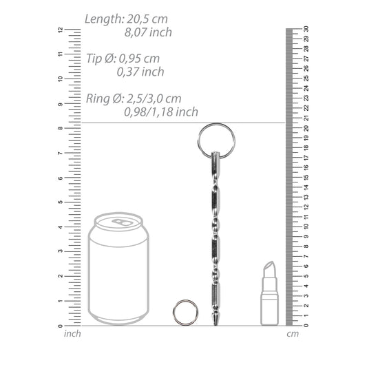Shiny silver stainless steel urethral dilator with a ring detail, medical instrument.