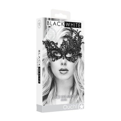 Black lace eye mask with delicate detailing, perfect for adding a touch of boudoir glamour.