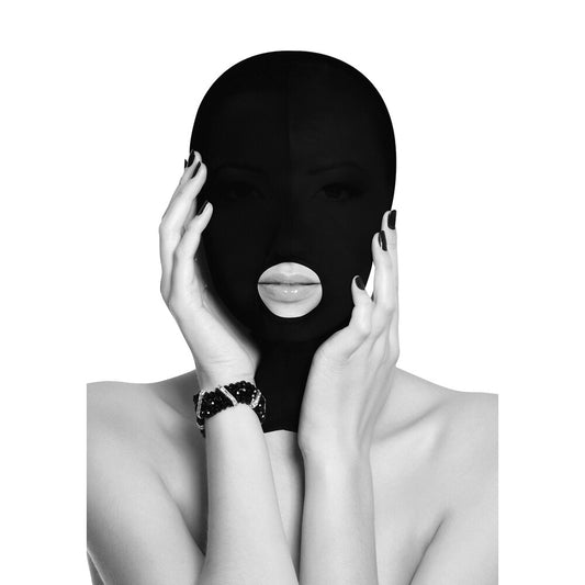 shots toys ouch submission mask in black, with open mouth detail for breathplay