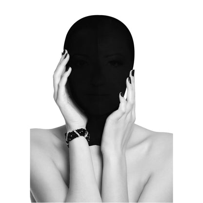 shots toys ouch subjugation mask, a black bondage hood for sensory deprivation play
