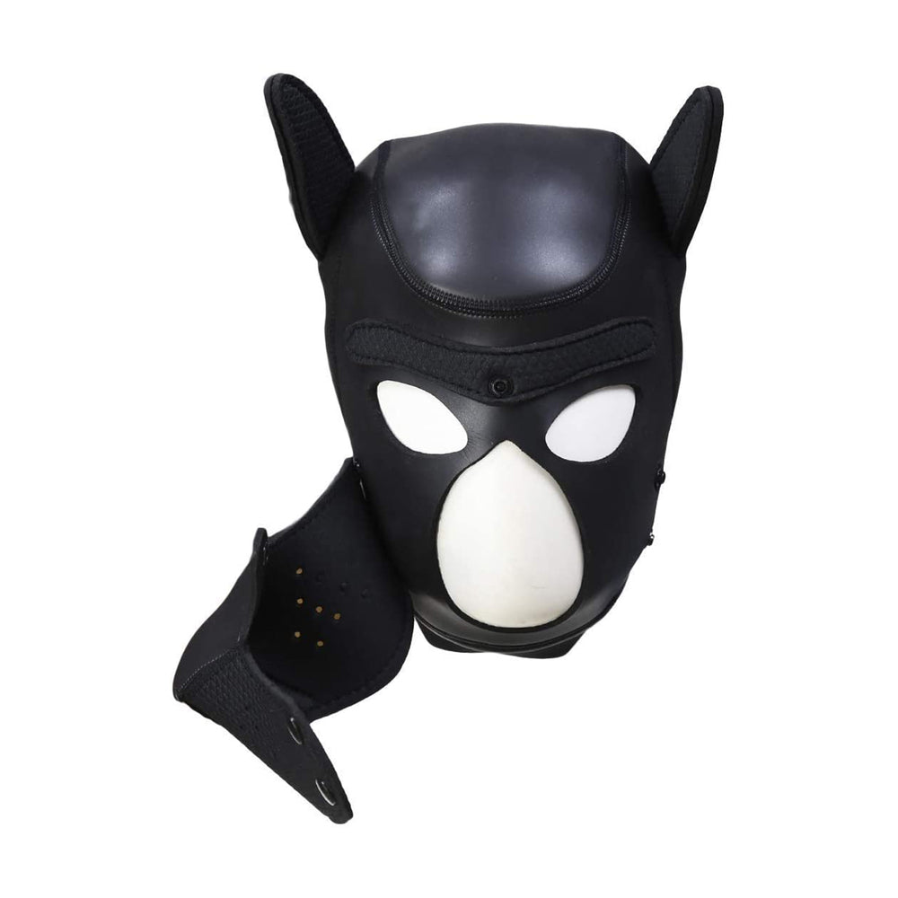 Black neoprene puppy mask for pup play, showing the sleek design and detailing.