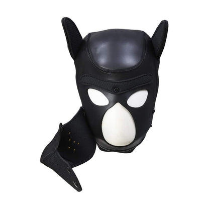 Black neoprene puppy mask for pup play, showing the sleek design and detailing.