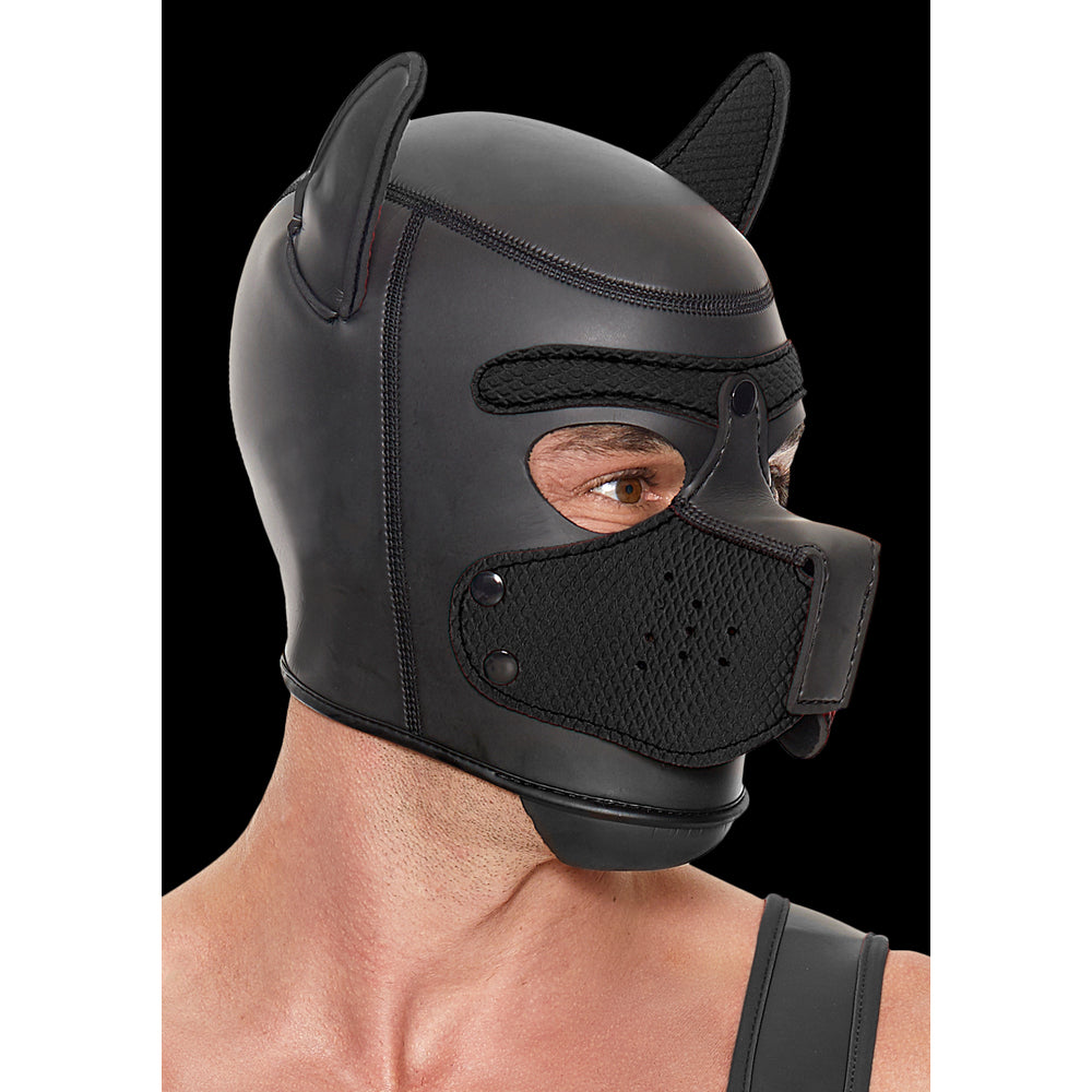 Black neoprene puppy mask from Shots Toys, for playful pup roleplay adventures.
