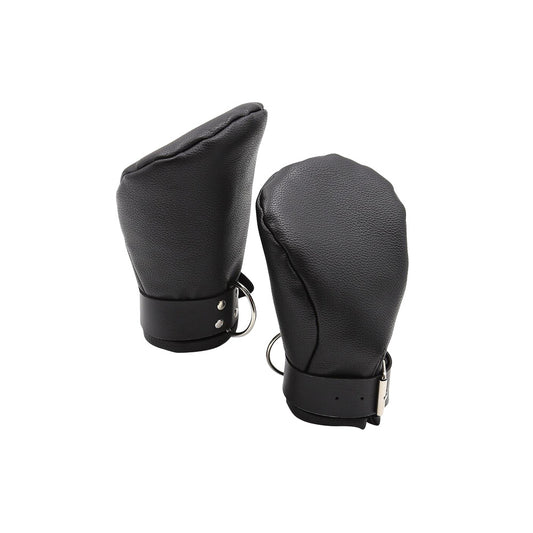Black neoprene mittens with wrist restraints for puppy play from Shots Toys