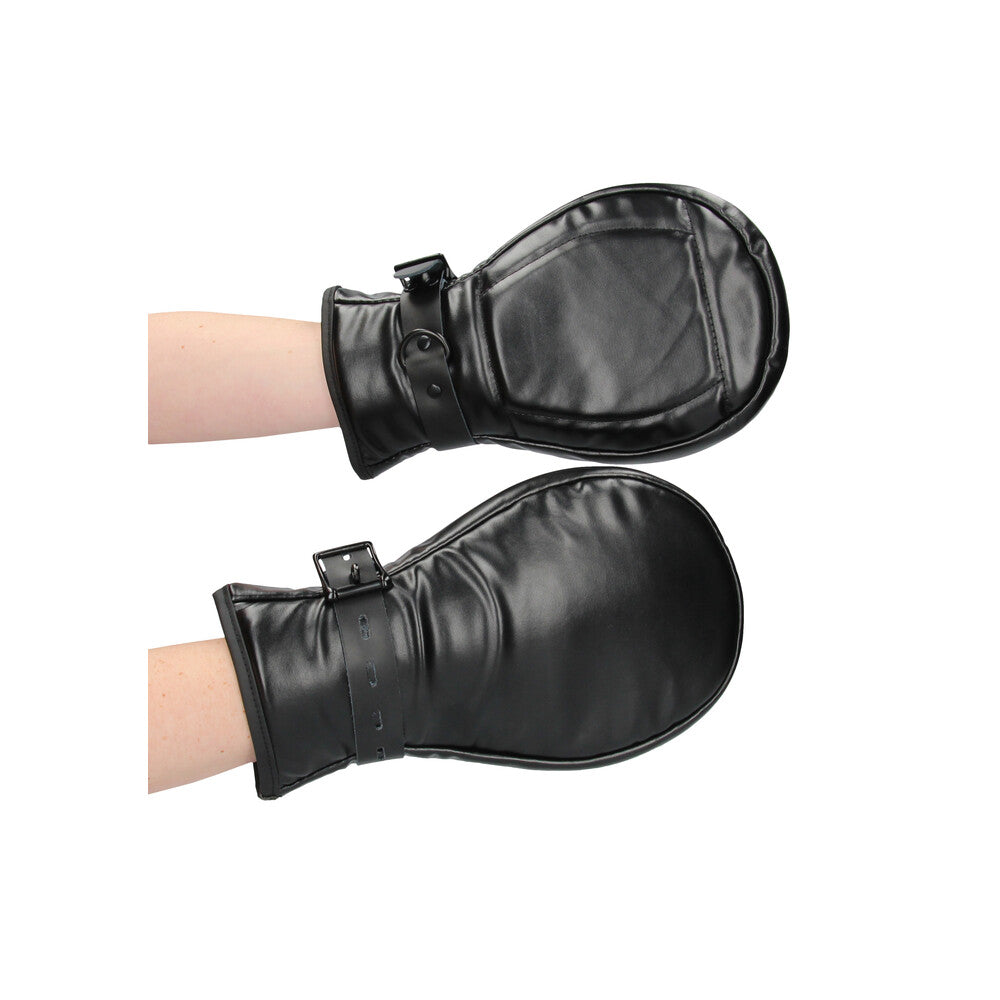 Black neoprene dog glove mitts from Shots Toys, designed for puppy play handcuffs