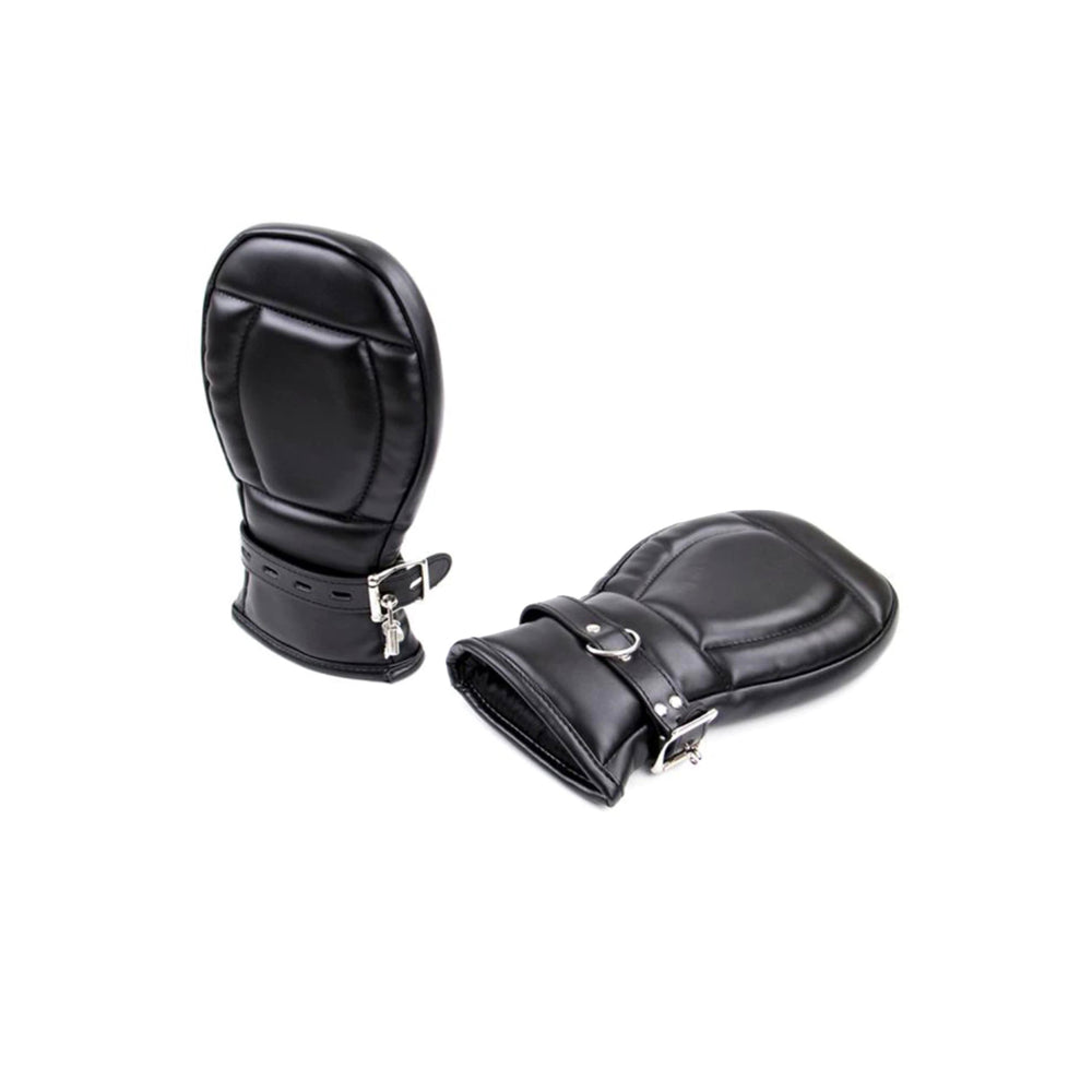 Black neoprene dog glove mitts from Shots Toys, for puppy play and handcuff scenarios.