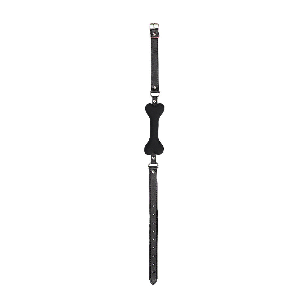 Black silicone bone gag from Shots Toys for puppy play, part of the gags and bits range.