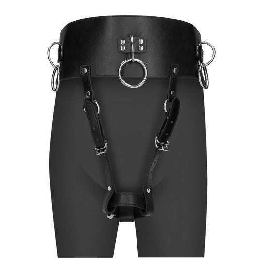 Black ouch belt restraint with vibrator holder, part of the shots toys collection.