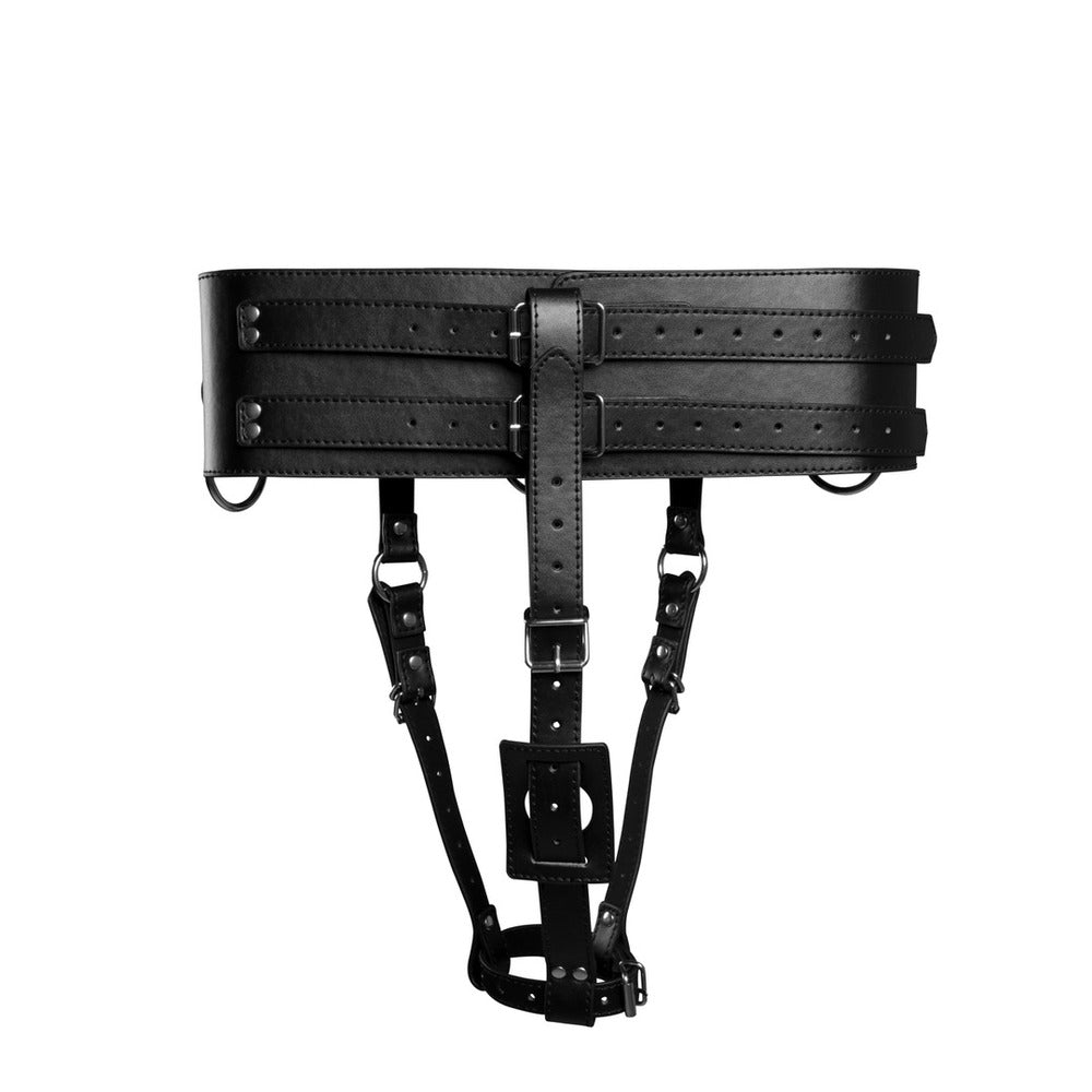 Black faux leather 'ouch belt' restraint with vibrator holder loop, for kinky fun.