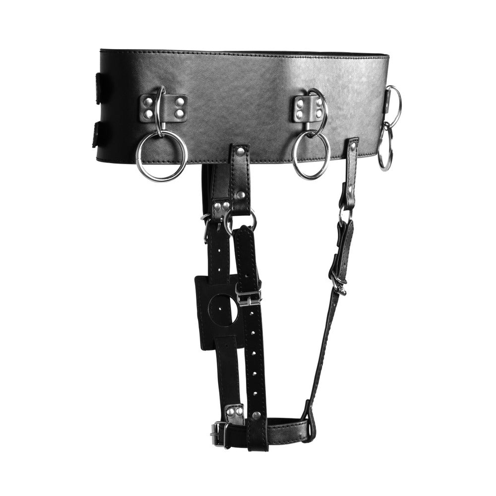 Black adjustable ouch belt restraint with vibrator holder for exciting bedroom play