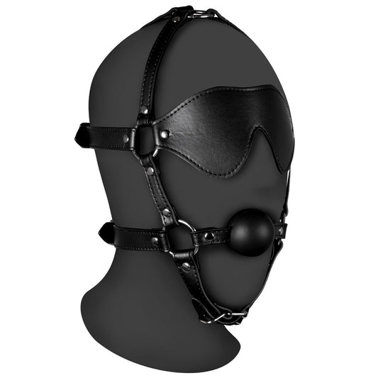 Shots Toys ouch xtreme black blindfolded harness with solid ball gag mask