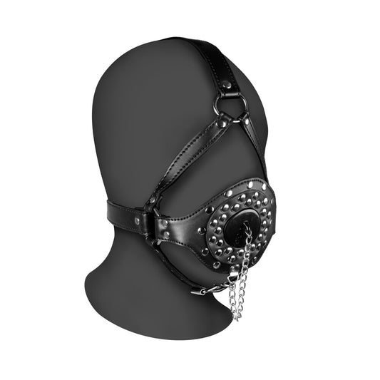 shots toys black open mouth gag head harness with attached plug stopper, masks.