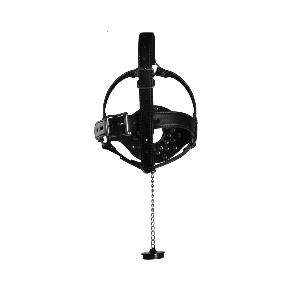 Black open mouth gag head harness with plug stopper, a kinky mask from Shots Toys.