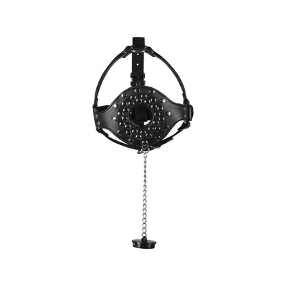 Black open mouth gag head harness with a plug stopper, part of our mask collection.