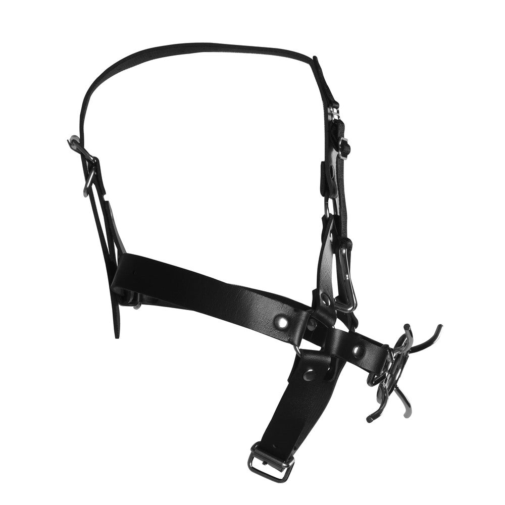 shots toys ouch xtreme head harness in black with spider gag and nose hooks