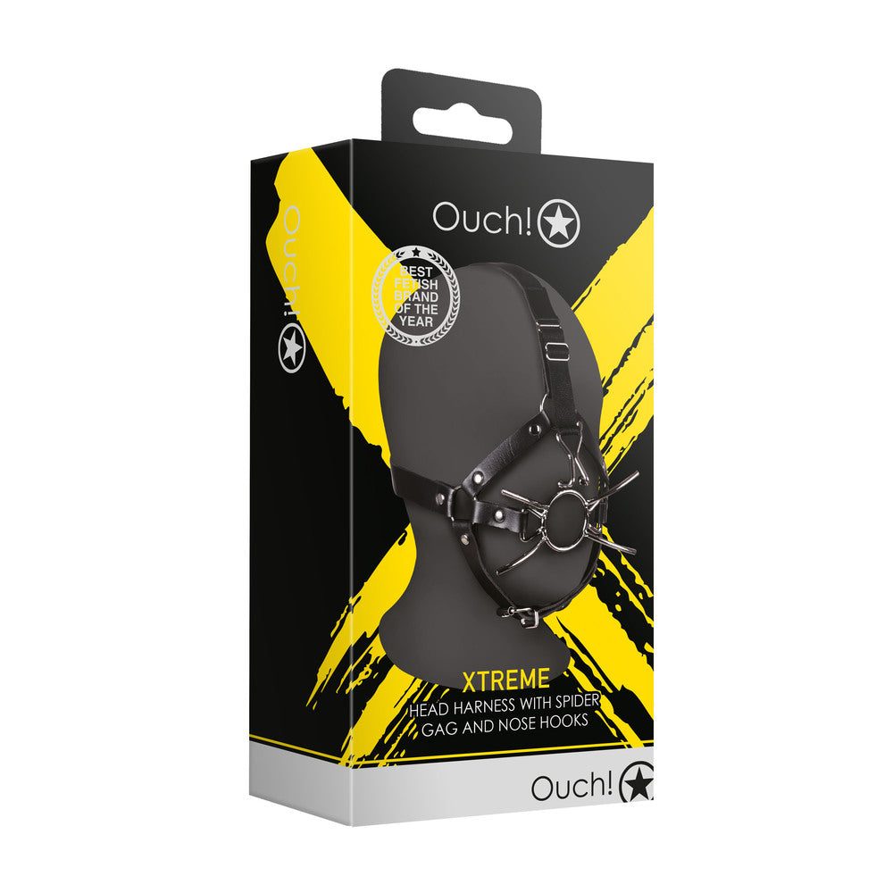 shots toys ouch xtreme head harness with spider gag and nose hooks, black leather.