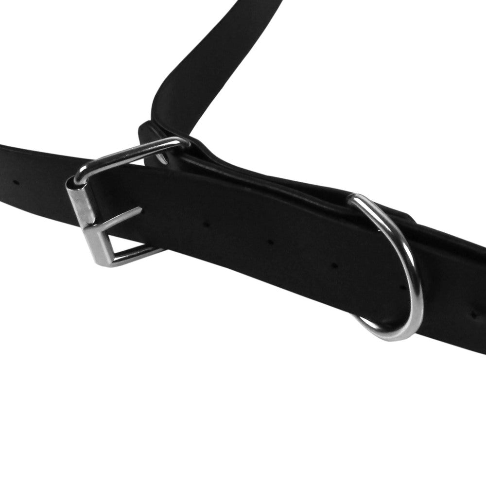 Shots Toys ouch padded thigh sling restraint in black fabric with metal hardware.