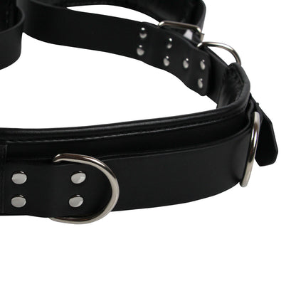shots toys ouch padded thigh sling restraint in black with adjustable straps and buckles.
