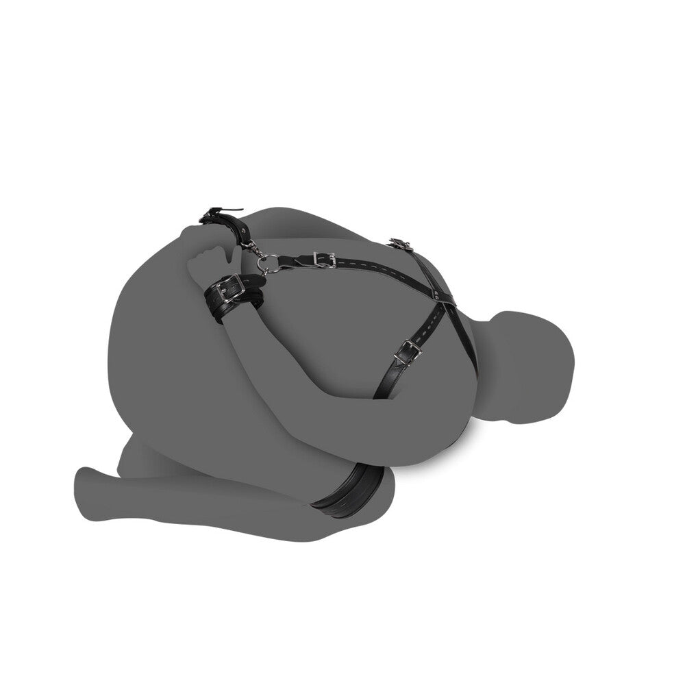 Shots Toys black body harness with handcuffs; kinky restraints for playful adults.