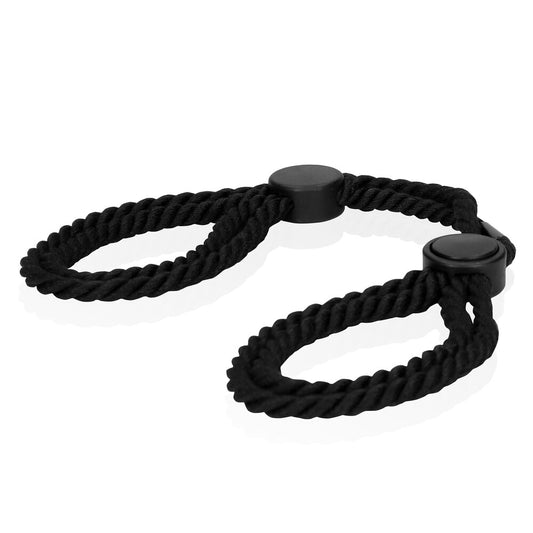Shots Toys ouch adjustable rope handcuffs in black, a kinky restraint for playful fun.