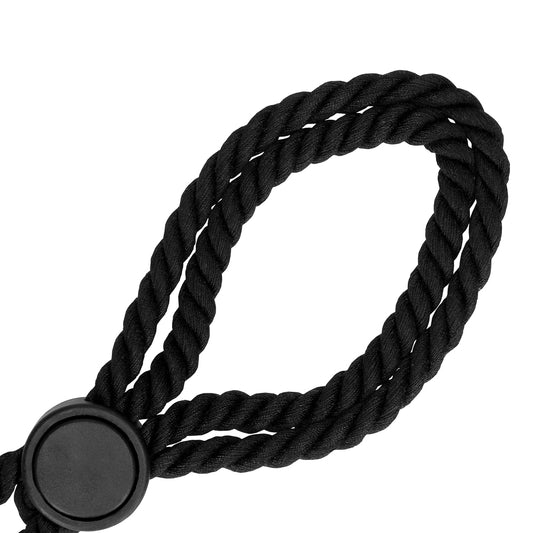 shots toys ouch adjustable black rope handcuffs for playful restraint, close-up showing the texture