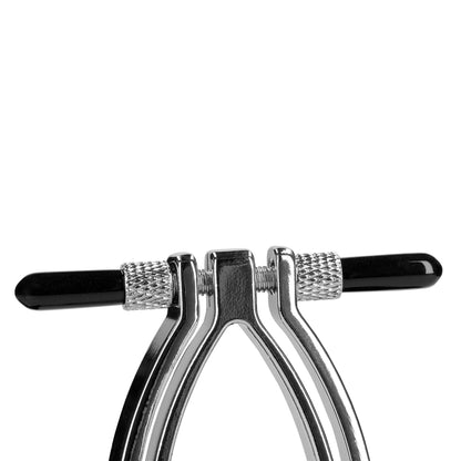 shots toys adjustable metal pussy clamps, medical instrument with a shiny silver finish.