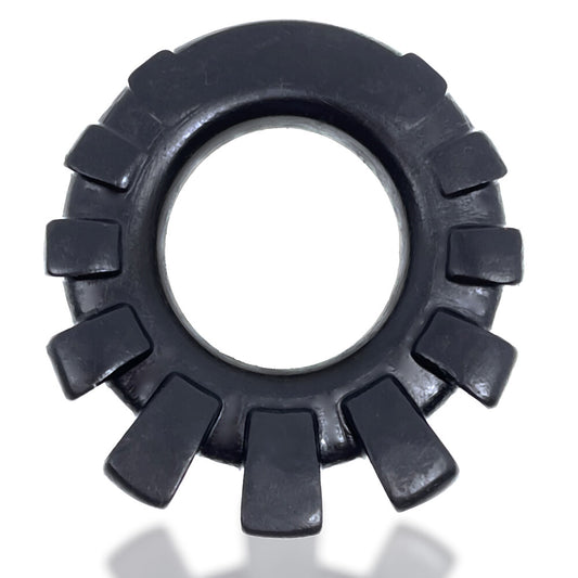 Black Oxballs cock lug cockring with prominent lugged design, a love ring for pleasure.