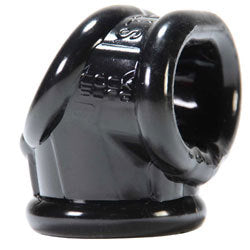 Black Oxballs cocksling for enhanced bondage play and support, made with smooth, durable material.