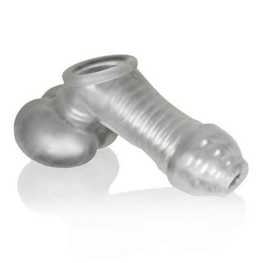 Clear oxballs sackjack, a wearable masturbator sheath for hands-free fun, made of translucent material.
