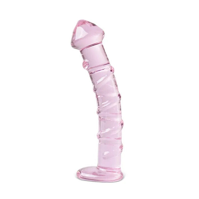 Textured pink glass dildo from various toy brands, smooth and sensual pleasure aid