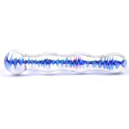 Blue glass dildo with a wavy, textured design from various toy brands.