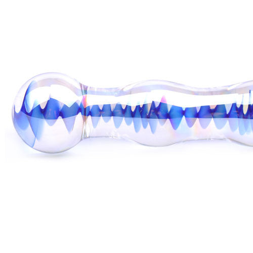 Blue, wavy glass dildo from various toy brands, featuring a smooth and tactile finish.