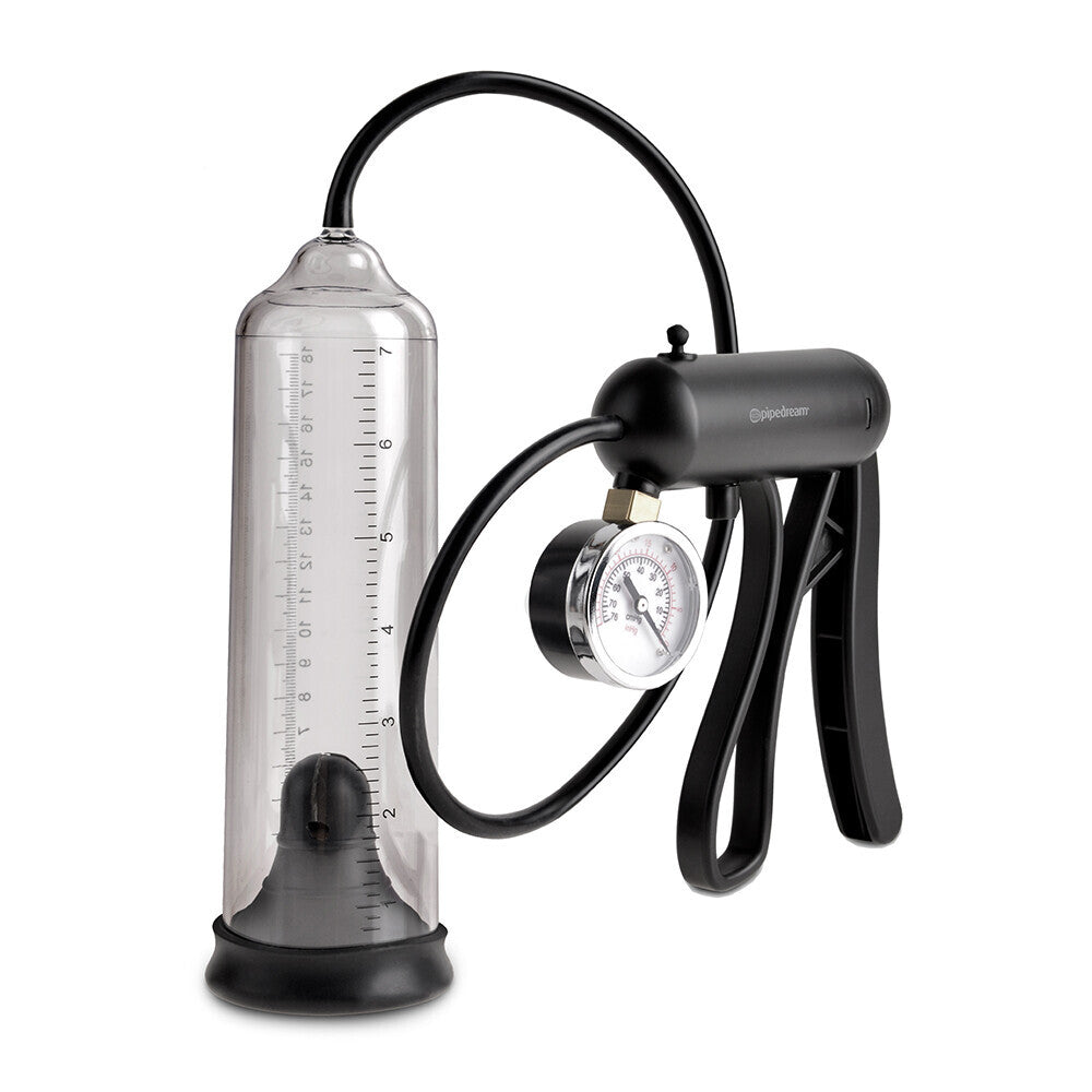 PipeDream Pump Worx ProGauge Power Pump, clear cylinder with pressure gauge for penis enlargement.