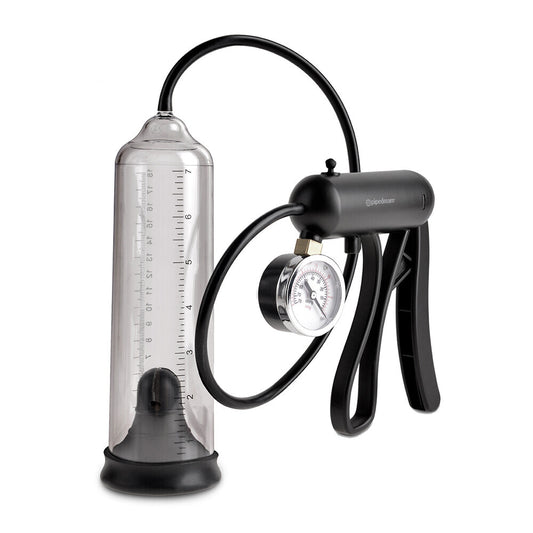 PipeDream Pump Worx ProGauge Power Pump, clear cylinder with pressure gauge for penis enlargement.