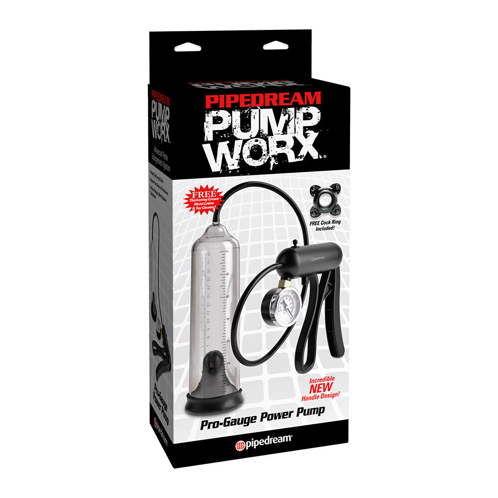 pipe dream pump worx progauge penis pump with gauge, clear cylinder and black handle.
