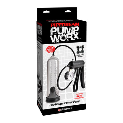 pipe dream pump worx progauge penis pump with gauge, clear cylinder and black handle.