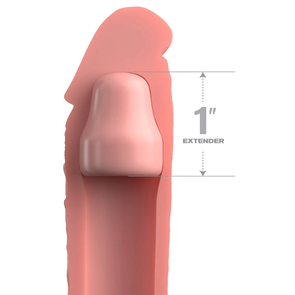 PipeDream XTensions Elite clear penis extender, 1 inch, for enhancement, close-up showing detail.