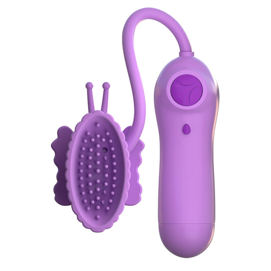 Purple butterfly-shaped clitoral vibrator with textured wings for enhanced pleasure, a delightful adult toy.