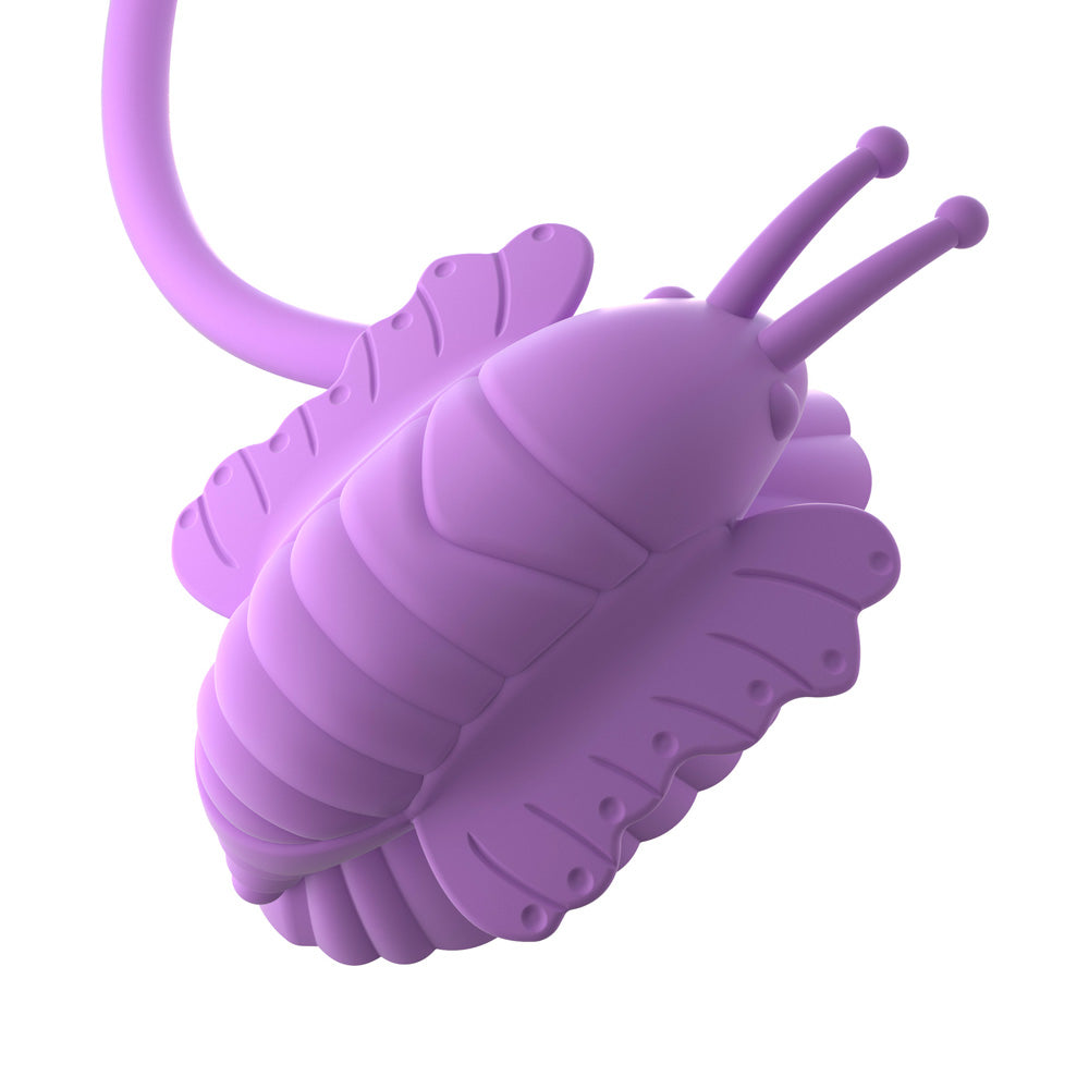A lilac butterfly-shaped vibrator for clitoral stimulation, featuring textured wings and a smooth finish.