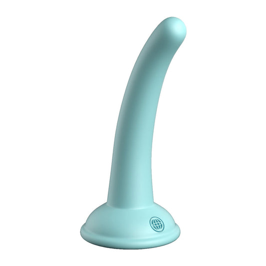 Platinum-look dillio curious five strap-on dildo, showcasing its flexible design and smooth finish.