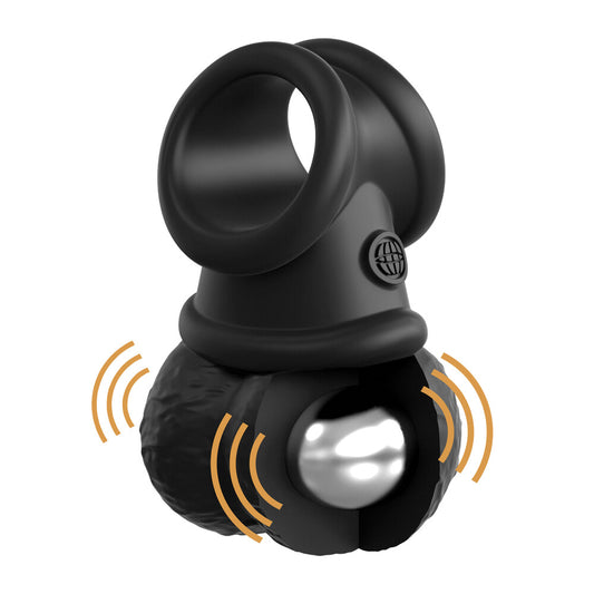 PipeDream King Cock weighted vibrating love ring, testicle-shaped with a metallic finish, for enhanced pleasure.