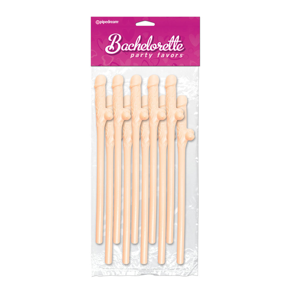 Ten flesh-toned pecker-shaped plastic straws for hen party novelties, cheeky fun from pipedream.