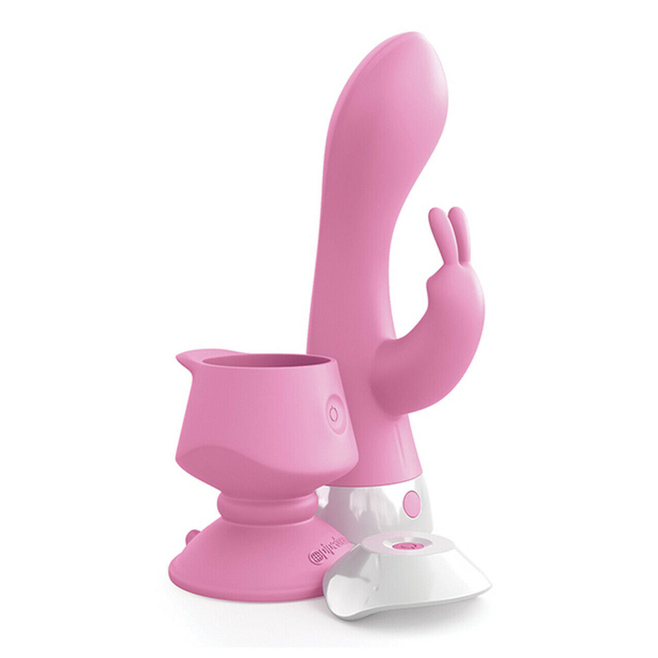 PipeDream 3Some Wall Banger Rabbit Vibe: pink silicone bunny vibrator with three vibrating points.