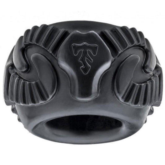 A pair of black 'perfect fit' tribal son ram rings, textured metal finish.