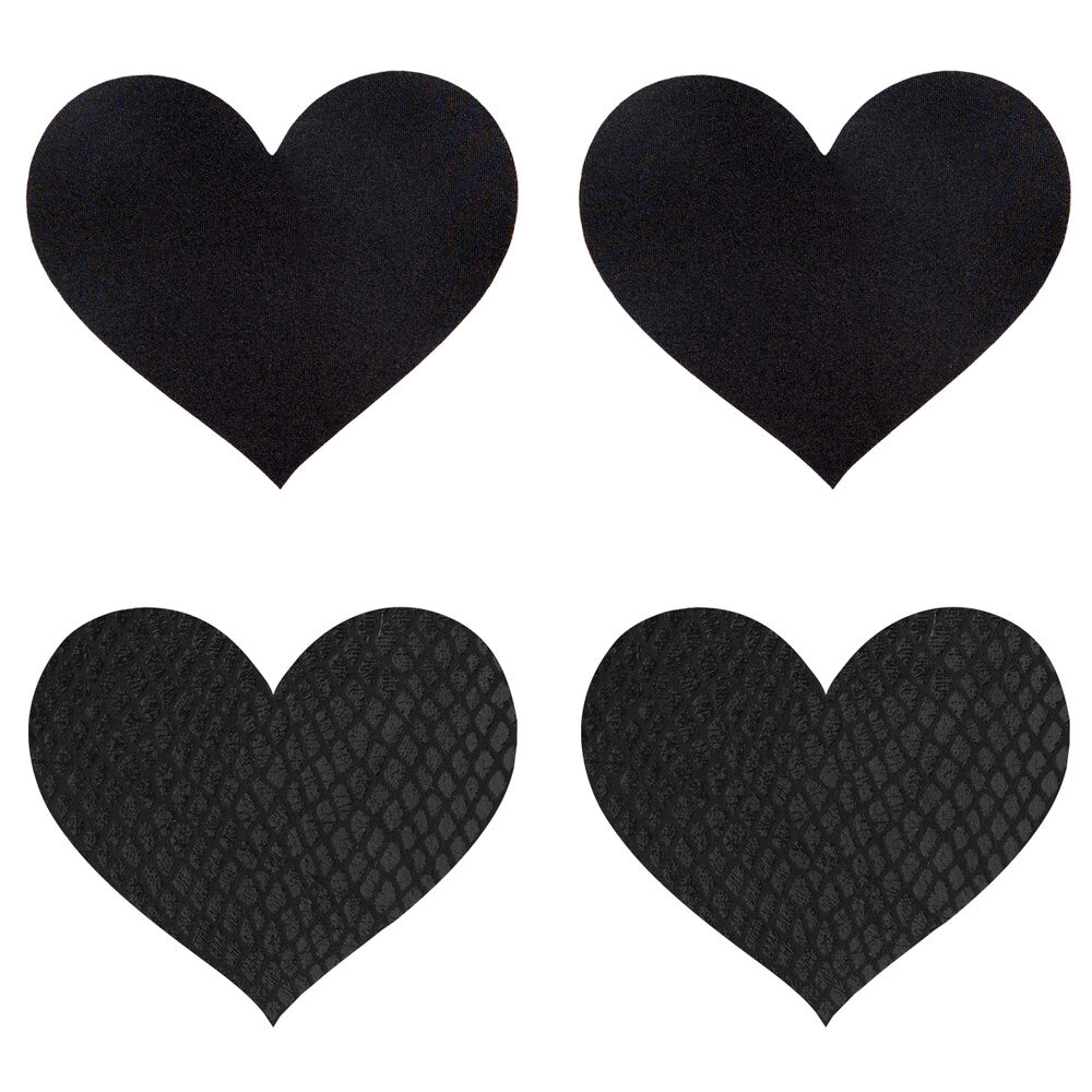 Black heart-shaped nipple covers with a smooth finish, fun peekaboo accessories for your outfit.